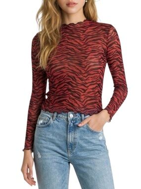 NWT Zara Red and Black Zebra Animal Print Mesh Scalloped Hem Stretchy Sheer Top